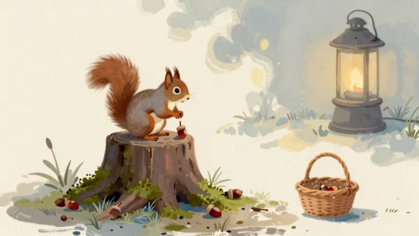Gouache painting of a squirrel on a mossy stump holding a vermilion acorn, with an empty basket nearby