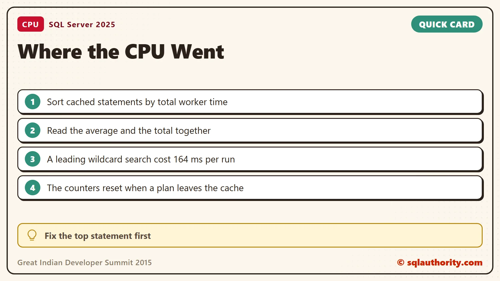 Quick reference card: Great Indian Developer Summit 2015: Three SQL Sessions and a CPU Check