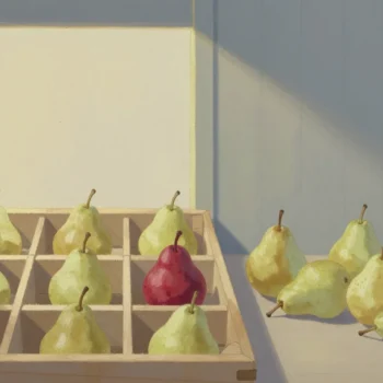 Gouache painting of pears in a divided crate beside a loose pile of pears, with one vermilion pear in the grid