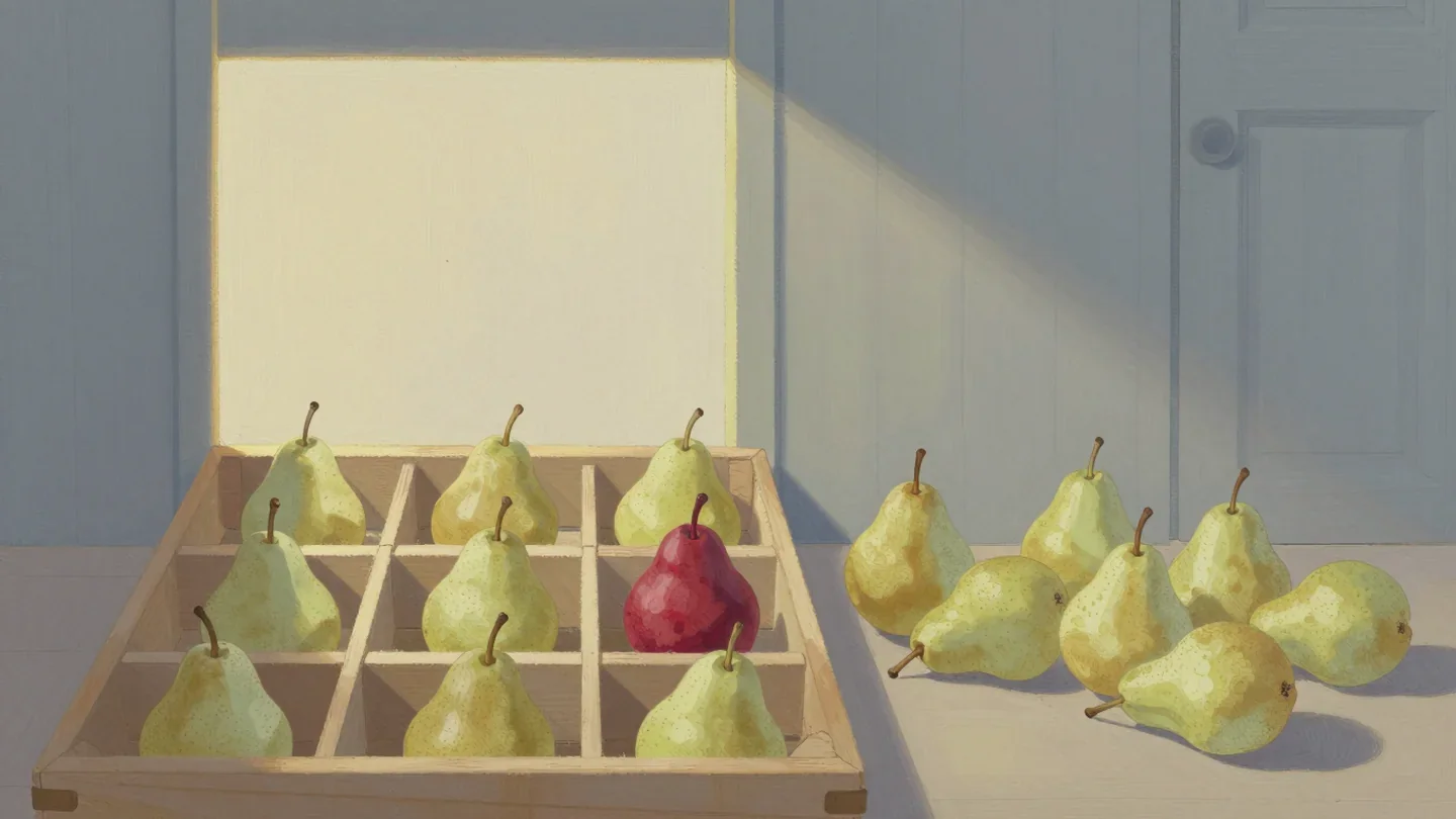 Gouache painting of pears in a divided crate beside a loose pile of pears, with one vermilion pear in the grid