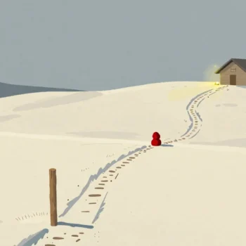 Gouache painting of three mountain paths from one post to the same hut, with a vermilion stone cairn on the middle path