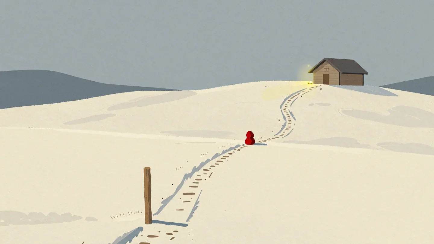 Gouache painting of three mountain paths from one post to the same hut, with a vermilion stone cairn on the middle path