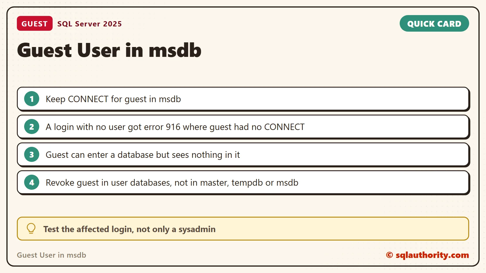 Quick reference card: Guest User in msdb: Keep CONNECT and Avoid Error 916