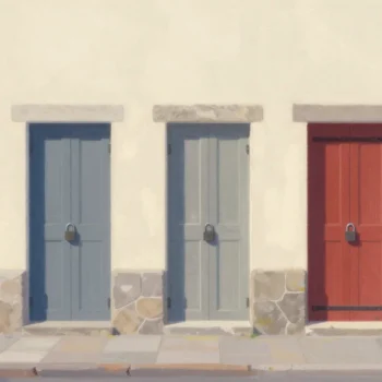 Gouache painting of a row of five wooden doors in a stone wall, four grey and slate and one vermilion