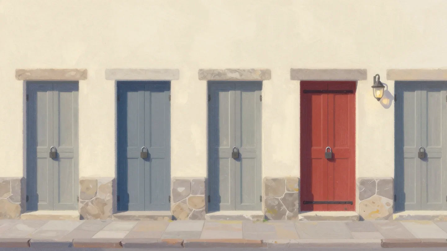 Gouache painting of a row of five wooden doors in a stone wall, four grey and slate and one vermilion