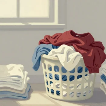 Gouache painting of a basket with a heap of clothes beside neat folded stacks, a vermilion shirt on top
