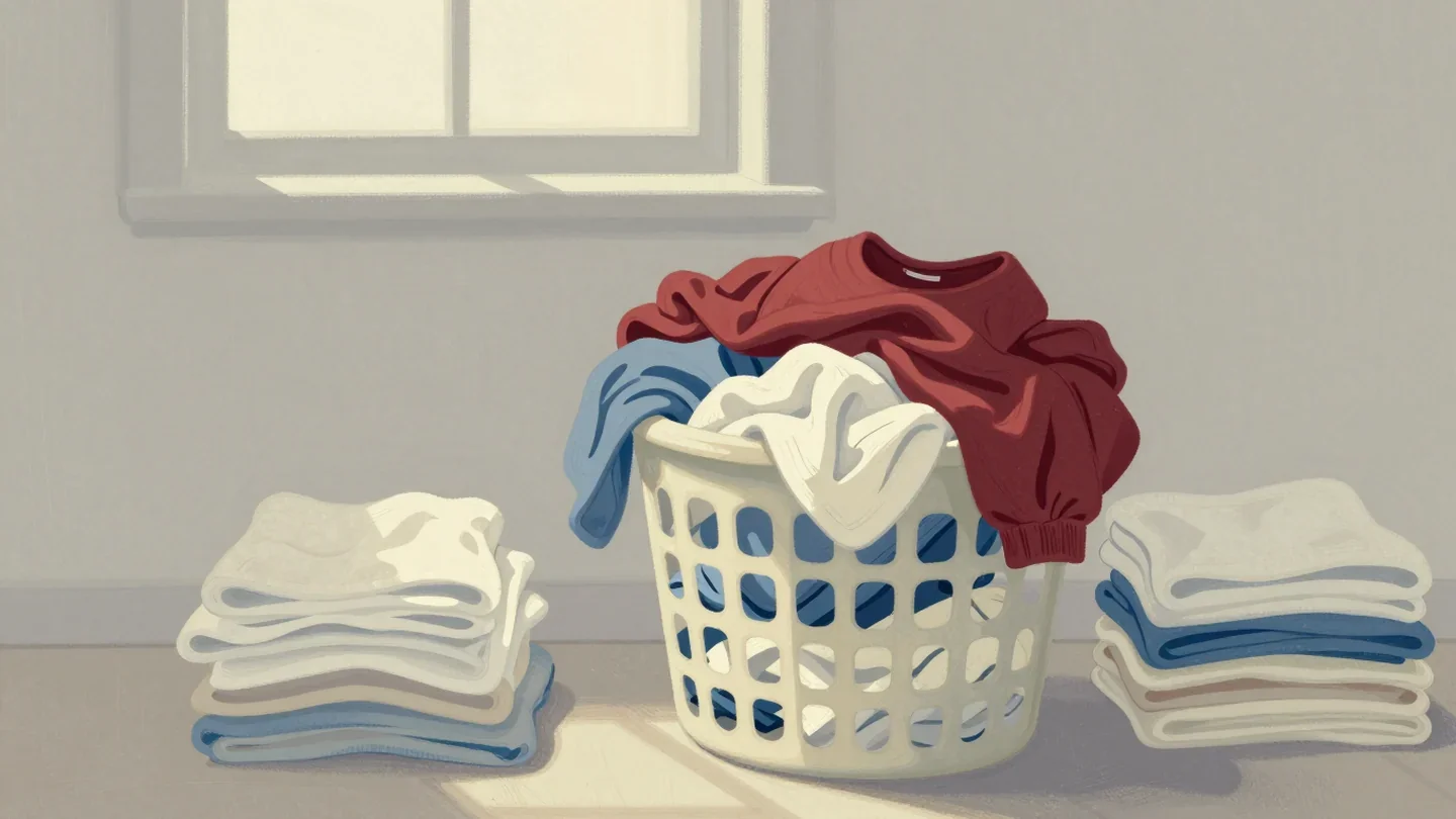 Gouache painting of a basket with a heap of clothes beside neat folded stacks, a vermilion shirt on top