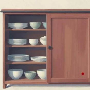 Gouache painting of a wooden cabinet with a reddish-brown sliding door half closed over shelves of bowls and plates, with a small vermilion dot on the door