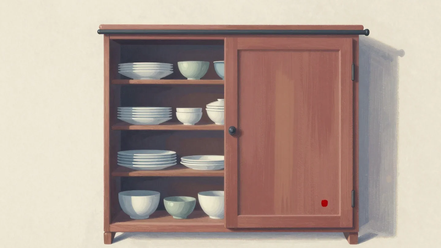 Gouache painting of a wooden cabinet with a reddish-brown sliding door half closed over shelves of bowls and plates, with a small vermilion dot on the door