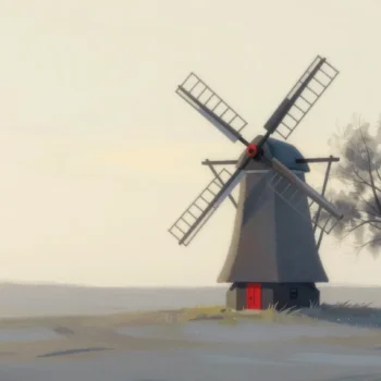 Gouache painting of a windmill with blurred sails and a small vermilion door in an open field