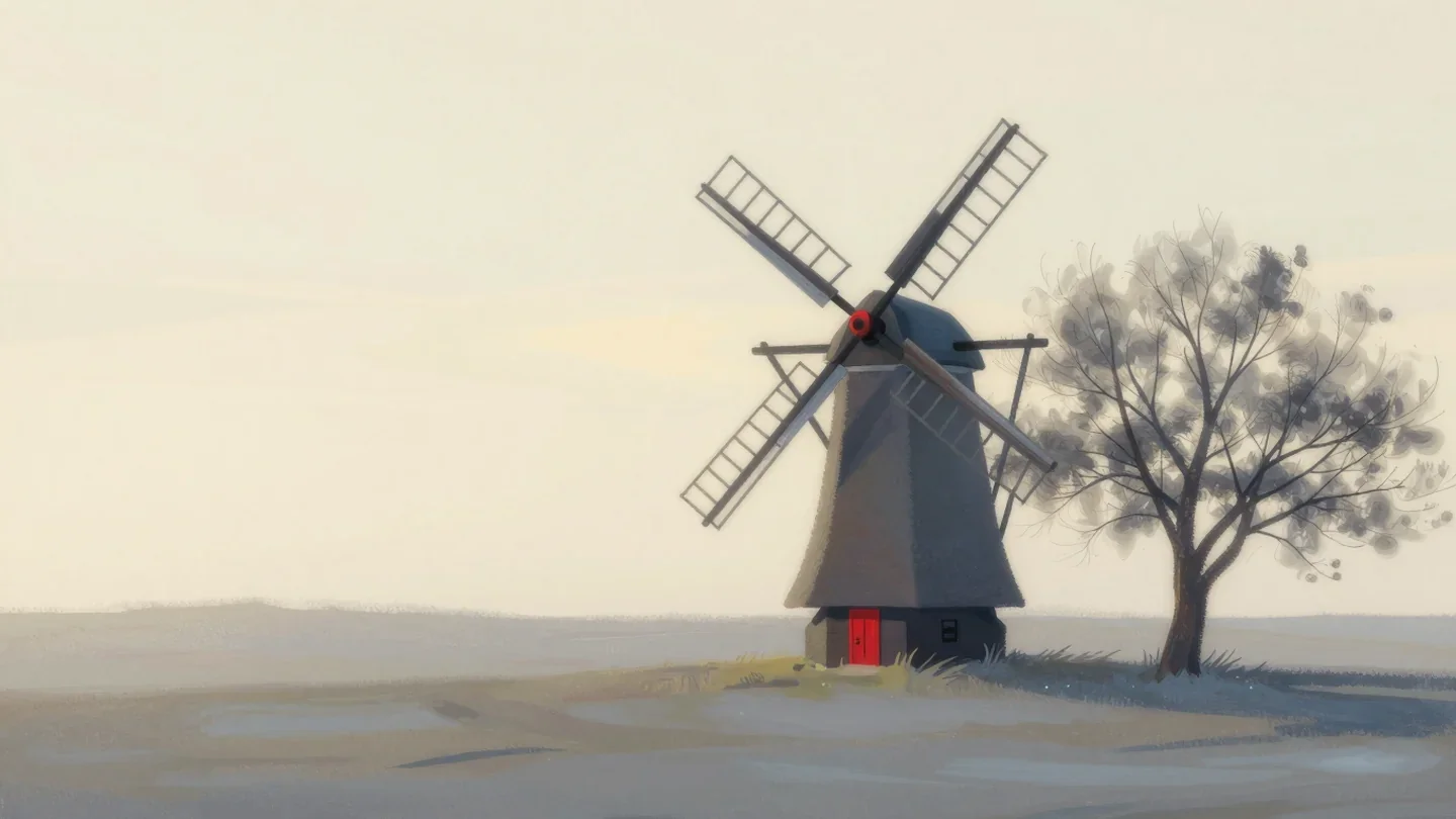 Gouache painting of a windmill with blurred sails and a small vermilion door in an open field