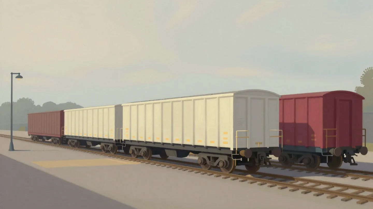 Gouache painting of a train siding with a long loaded flatcar blocking a waiting vermilion wagon