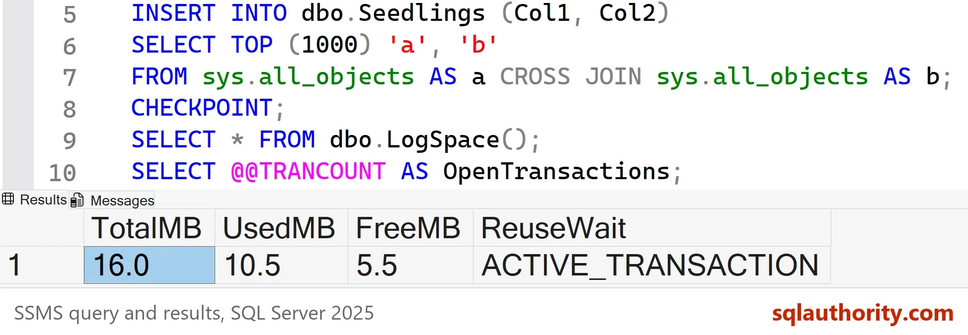SSMS result grid with one row: TotalMB 16.0, about 10.5 MB used, and ReuseWait ACTIVE_TRANSACTION, read while a transaction is still open