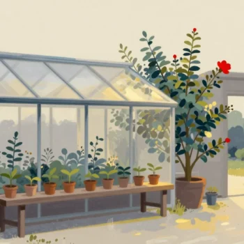 Gouache painting of a greenhouse bench of plants growing from seedlings to a flowering shrub with one vermilion blossom
