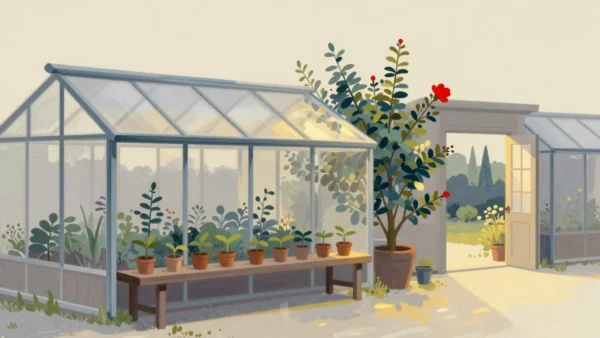Gouache painting of a greenhouse bench of plants growing from seedlings to a flowering shrub with one vermilion blossom