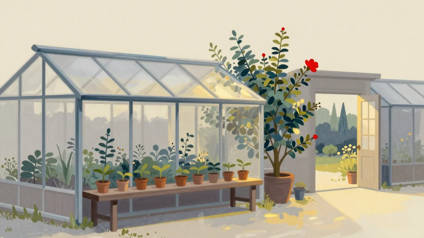 Gouache painting of a greenhouse bench of plants growing from seedlings to a flowering shrub with one vermilion blossom