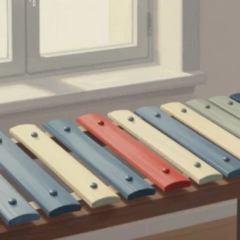 Gouache painting of a xylophone with one new red bar fitted into the middle of the row