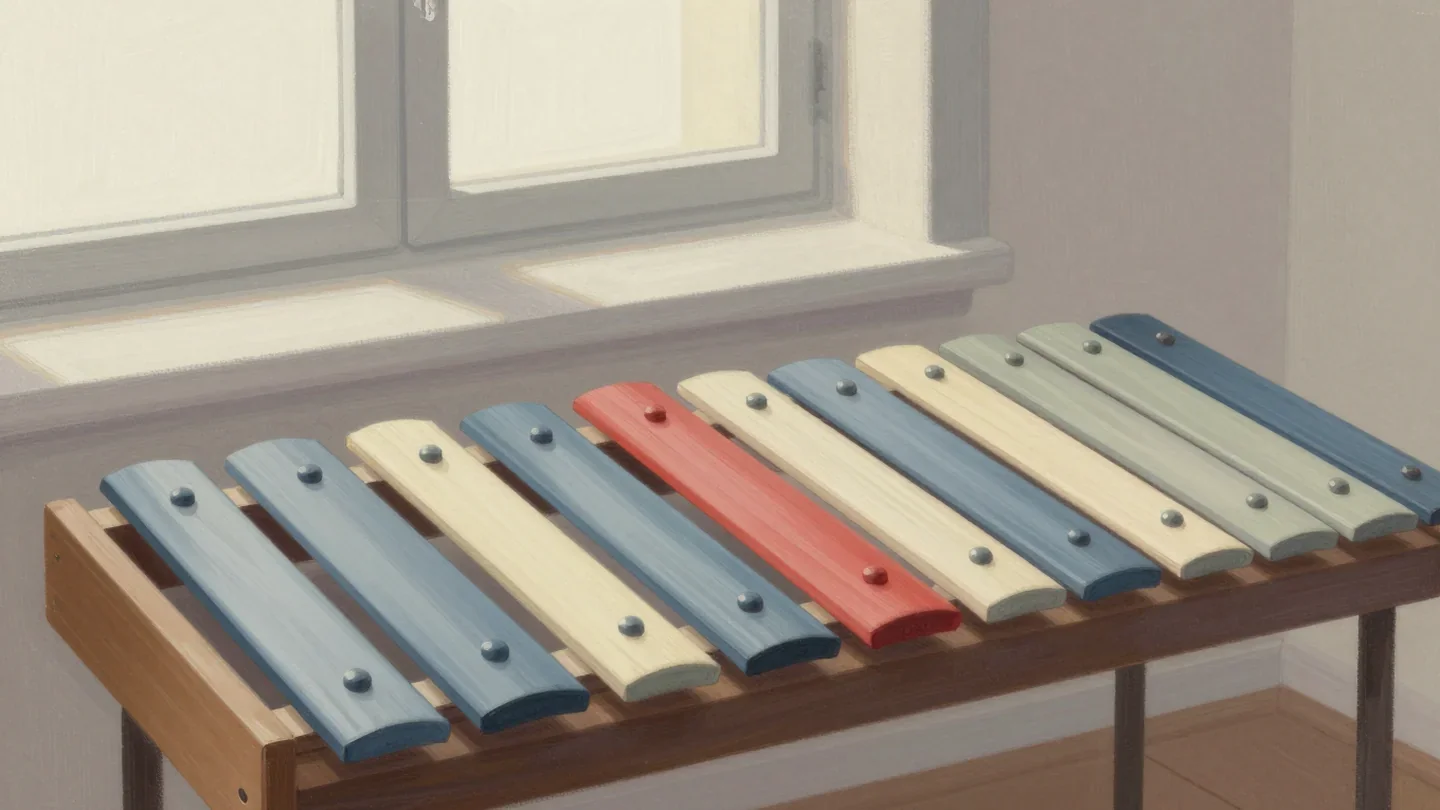 Gouache painting of a xylophone with one new red bar fitted into the middle of the row