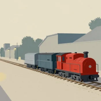 Gouache painting of a small locomotive pulling a single red wagon with nothing behind it on an empty track