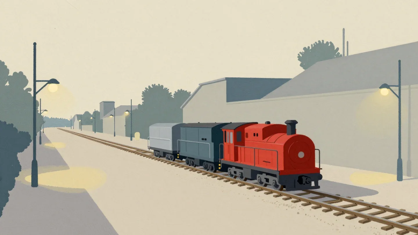 Gouache painting of a small locomotive pulling a single red wagon with nothing behind it on an empty track