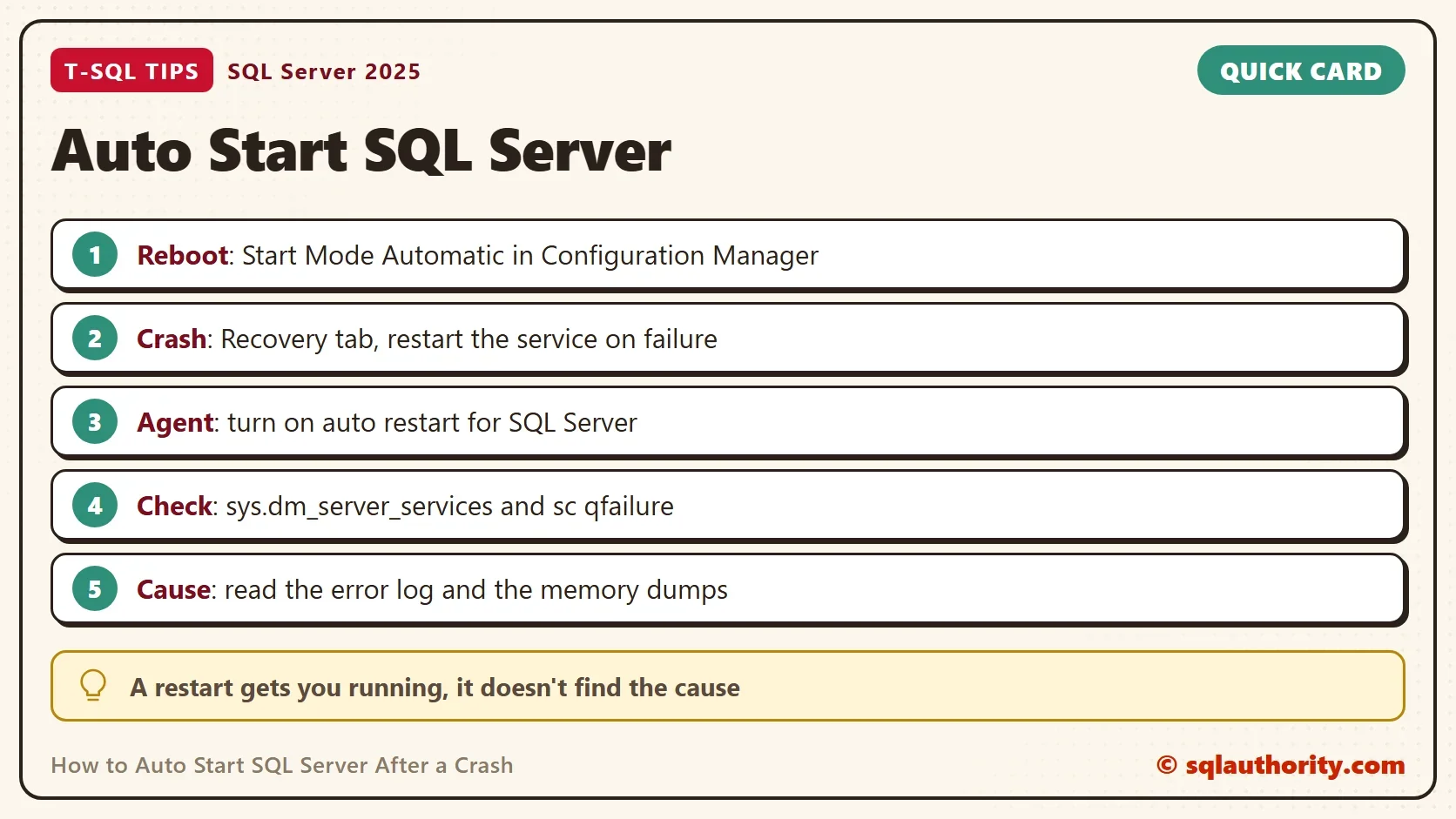 Quick card titled Auto Start SQL Server: Reboot: Start Mode Automatic in Configuration Manager; Crash: Recovery tab, restart the service on failure; Agent: turn on auto restart for SQL Server; Check: sys.dm_server_services and sc qfailure; Cause: read the error log and the memory dumps. Tip: A restart gets you running, it doesn't find the cause