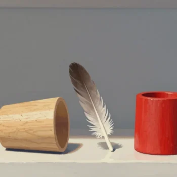 Gouache painting of two wooden tumbler toys on a shelf, one tipped over and one upright in vermilion
