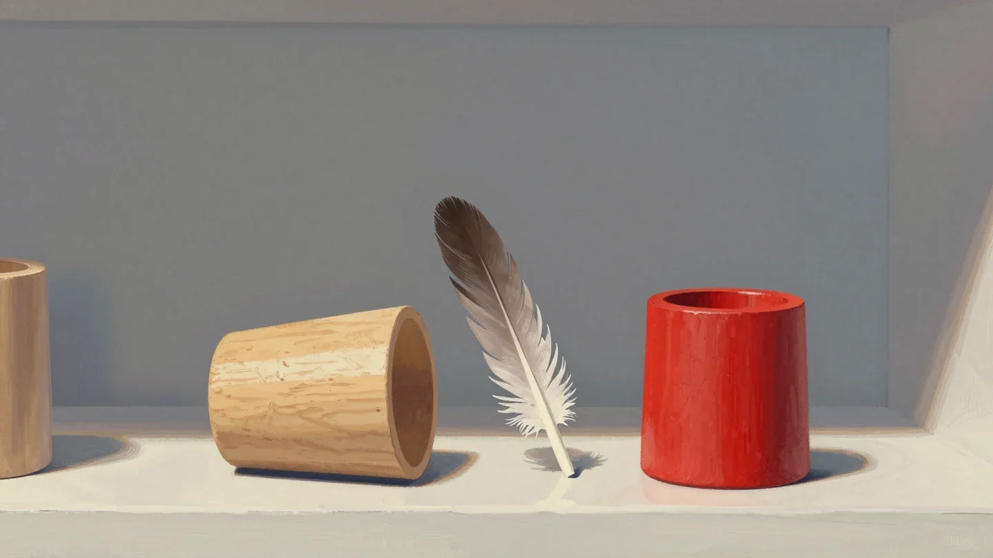 Gouache painting of two wooden tumbler toys on a shelf, one tipped over and one upright in vermilion