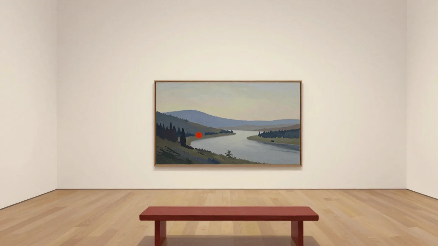 Gouache painting of a vermilion bench in a quiet art museum gallery facing a large framed landscape painting of hills and a river