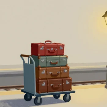 Gouache painting of a luggage cart of travelled suitcases on a railway platform with the top one in vermilion