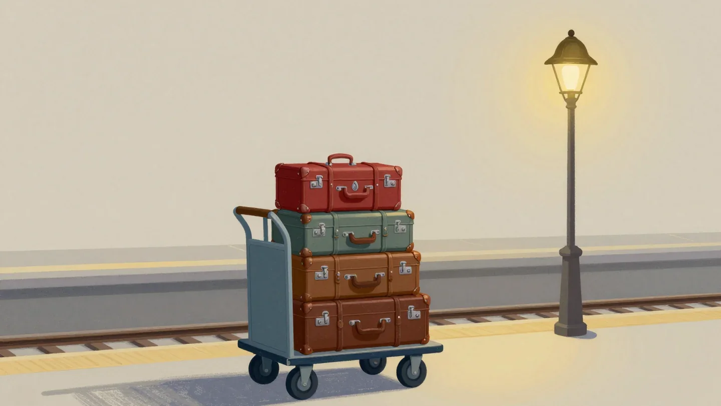 Gouache painting of a luggage cart of travelled suitcases on a railway platform with the top one in vermilion