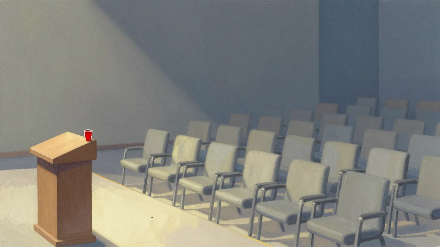 Gouache painting of an empty conference hall with a wooden lectern on a low stage, a vermilion water glass on it and rows of empty chairs