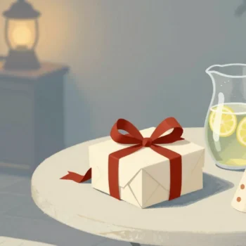 Gouache painting of a cream wrapped gift with a red ribbon on a patio table beside a pitcher of lemonade and a paper party hat