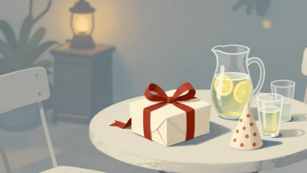 Gouache painting of a cream wrapped gift with a red ribbon on a patio table beside a pitcher of lemonade and a paper party hat