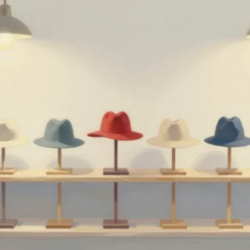 Gouache painting of a row of bare hat stands with one holding a single red hat