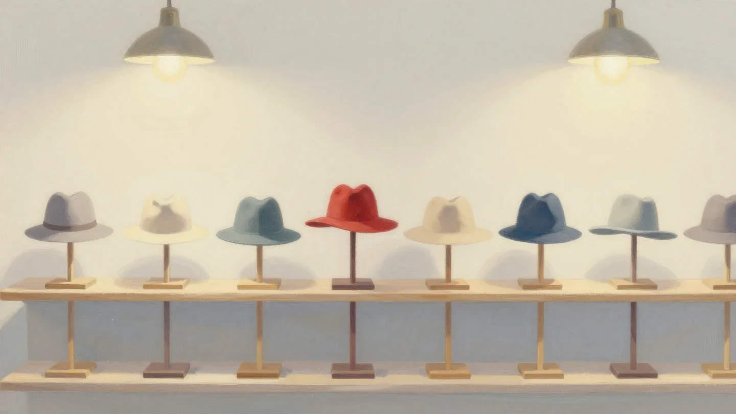 Gouache painting of a row of bare hat stands with one holding a single red hat