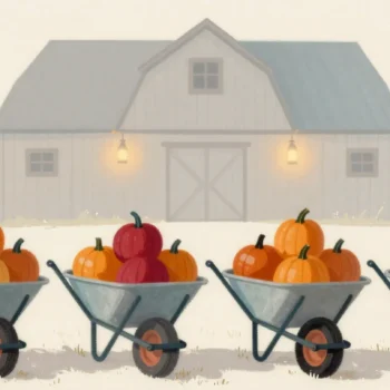 Gouache painting of four wheelbarrows in parallel each carrying part of a pumpkin pile, one pumpkin painted red