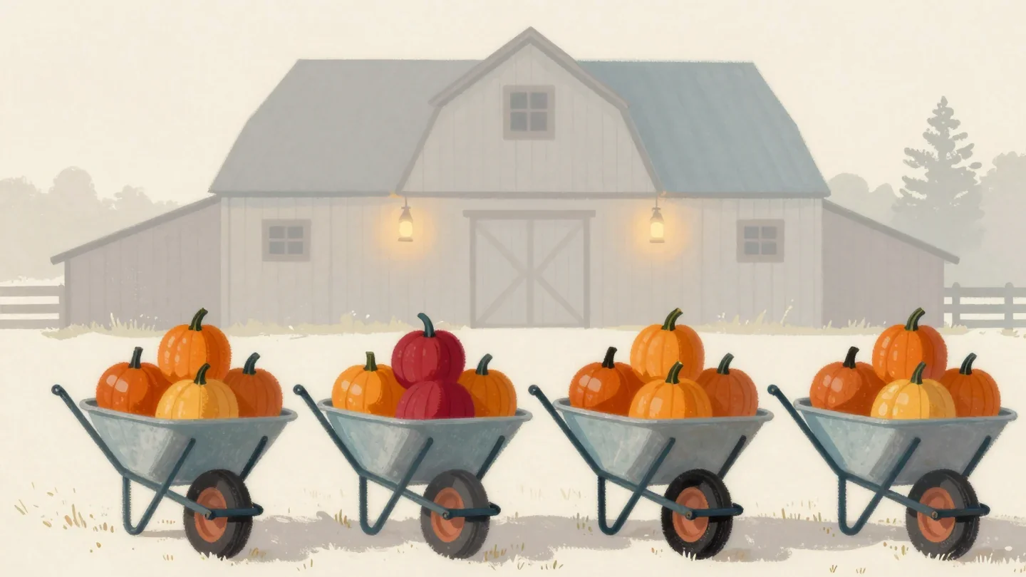 Gouache painting of four wheelbarrows in parallel each carrying part of a pumpkin pile, one pumpkin painted red