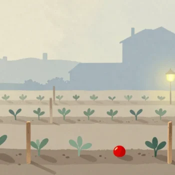 Gouache painting of rows of vegetable plants each starting with a blank stake, the first one painted red