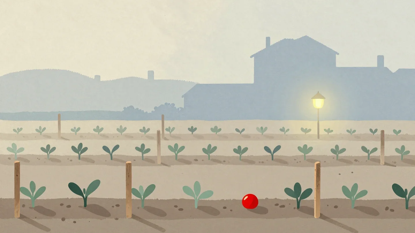 Gouache painting of rows of vegetable plants each starting with a blank stake, the first one painted red