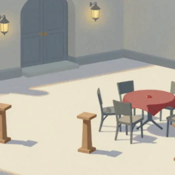 Gouache painting of three small podiums in a courtyard beside a round table with a red cloth and four chairs