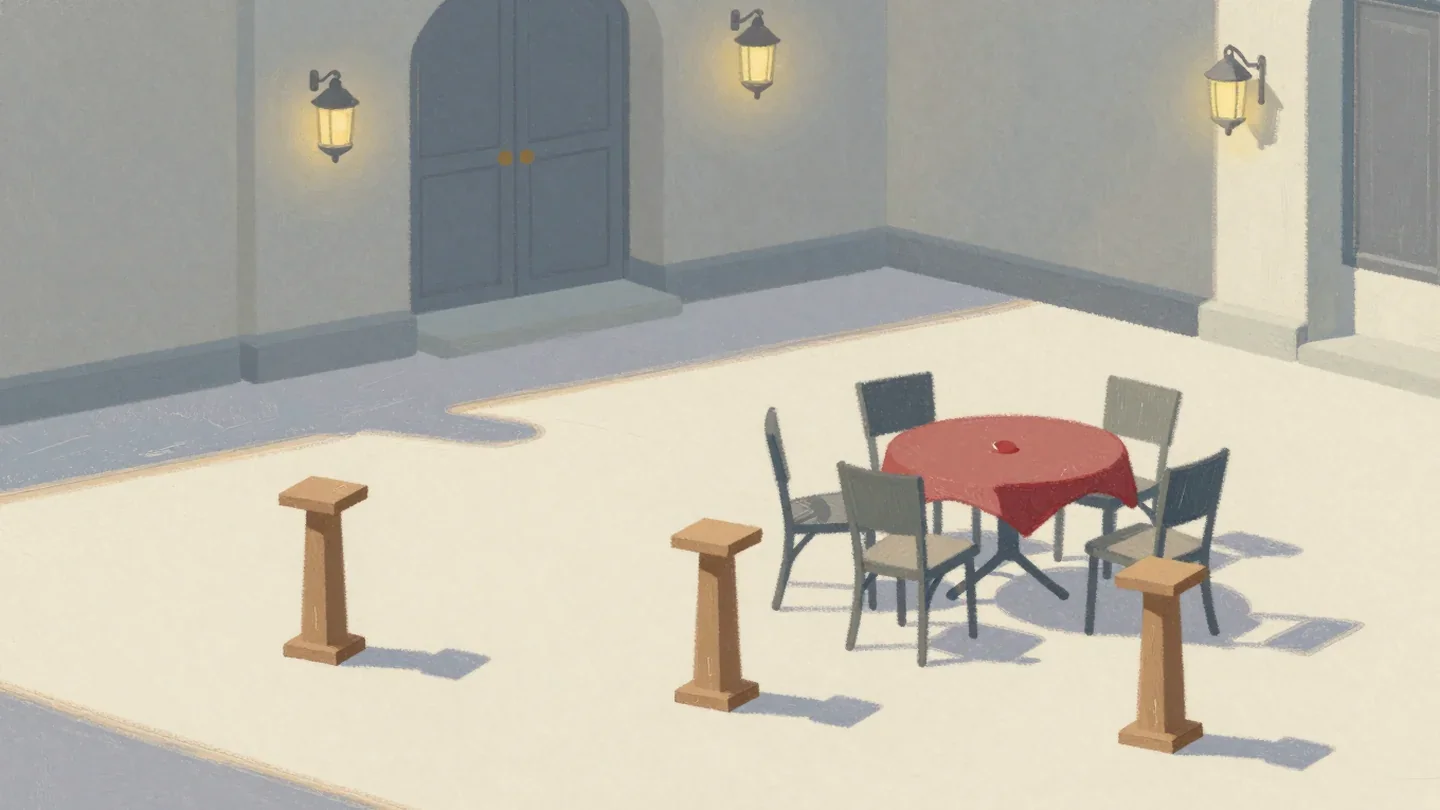 Gouache painting of three small podiums in a courtyard beside a round table with a red cloth and four chairs