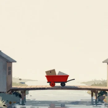 Gouache painting of two storehouses on a canal joined by a plank bridge with a red handcart crossing