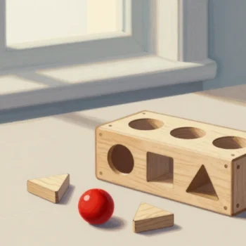 Gouache painting of a wooden shape-sorter box with matching shapes in front and the round one painted red