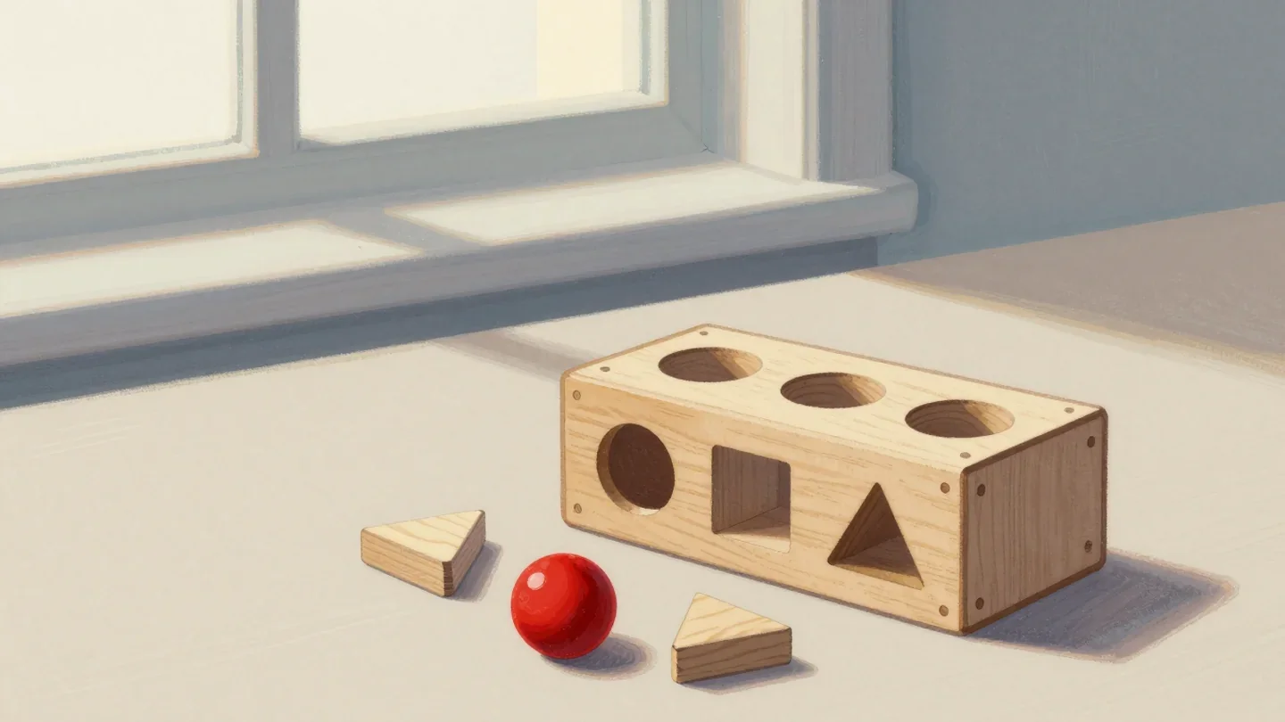 Gouache painting of a wooden shape-sorter box with matching shapes in front and the round one painted red