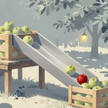 Gouache painting of a wooden chute carrying a red apple from one crate of green apples into another