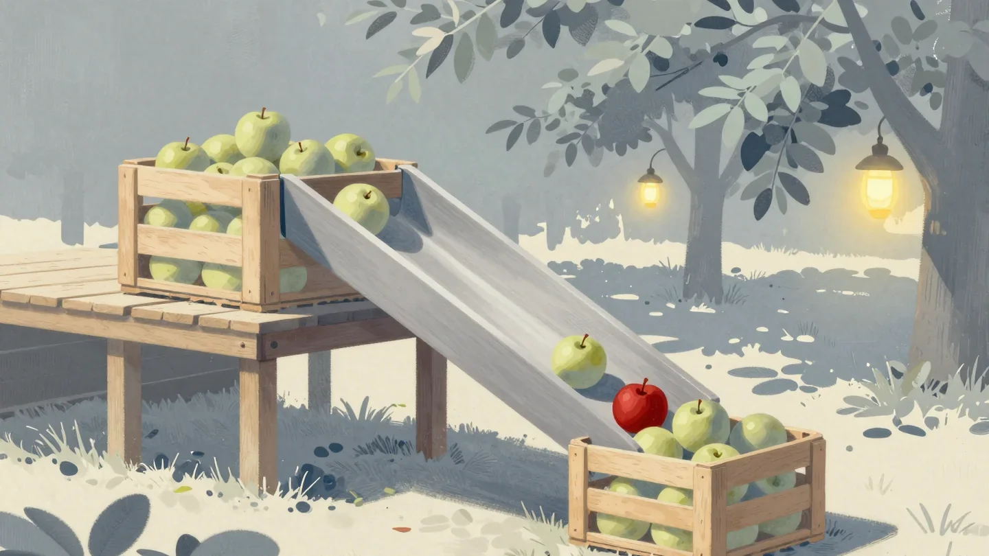 Gouache painting of a wooden chute carrying a red apple from one crate of green apples into another