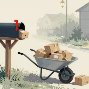Gouache painting of an overflowing mailbox on a country lane with a red wheelbarrow waiting to carry away the old parcels