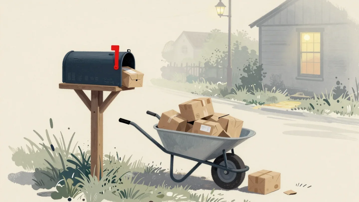 Gouache painting of an overflowing mailbox on a country lane with a red wheelbarrow waiting to carry away the old parcels