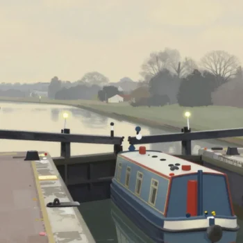 Gouache painting of narrow boats waiting in a canal lock with a vermilion lever on the lock gate