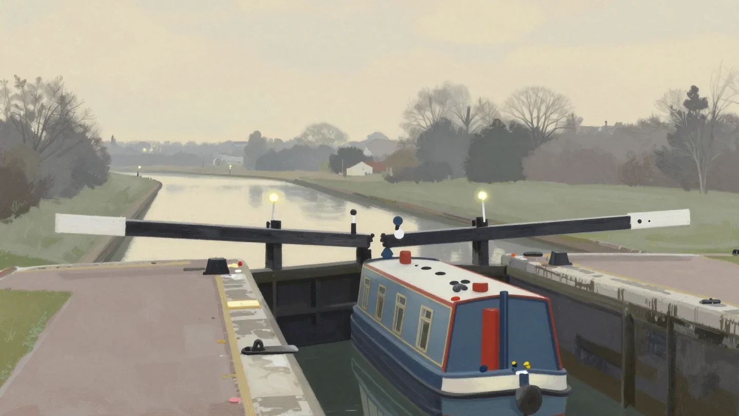 Gouache painting of narrow boats waiting in a canal lock with a vermilion lever on the lock gate